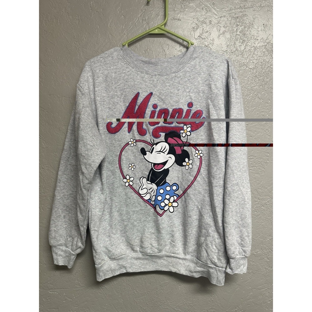 Disney Minnie Mouse Graphic Sweatshirt Gray Daisy Heart Cozy Pullover Size Small